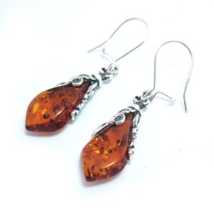 Carved Baltic Amber Earrings with Antique Silver Setting